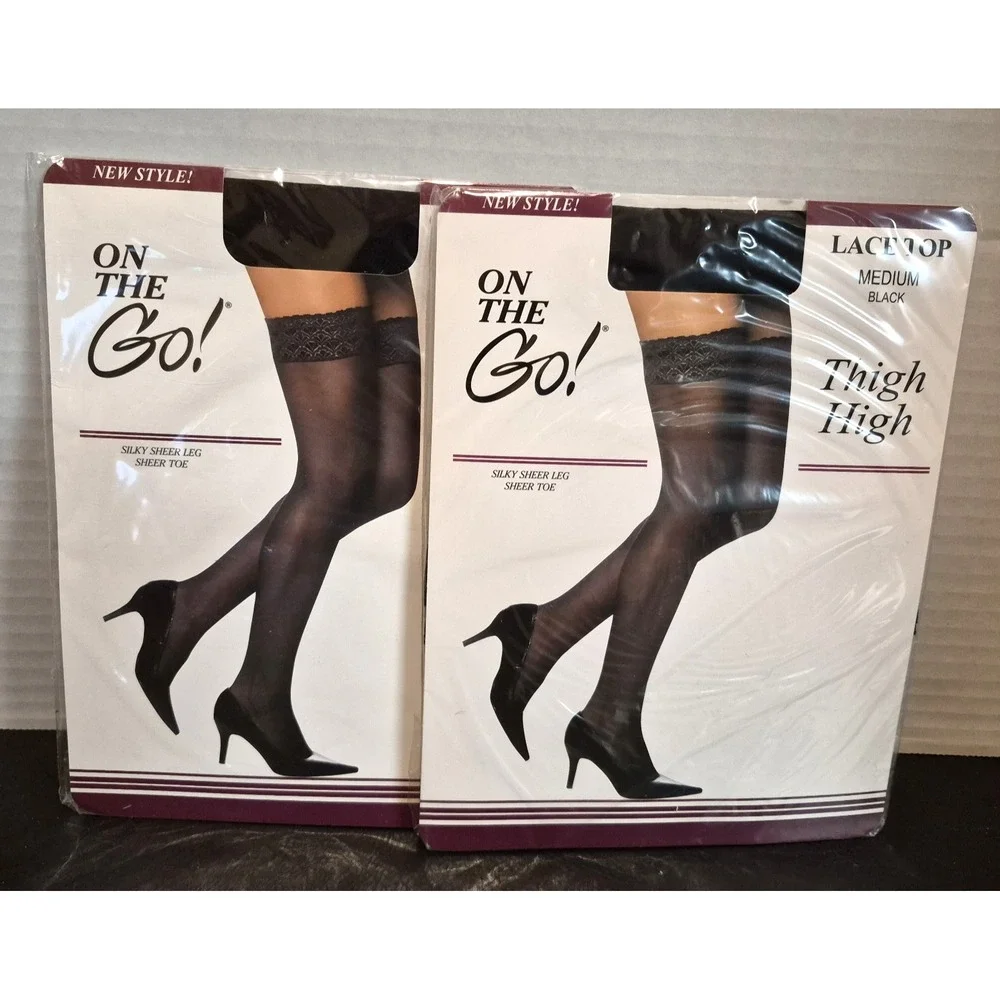 On The Go! Silky Sheer Thigh High Stockings Black Stay Up Lace Top 2 Pairs Sz M